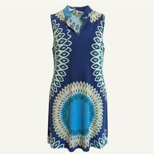 LARGE Travel Dress Mediterranean Medallion Shift Blue Green Split Neck Women
